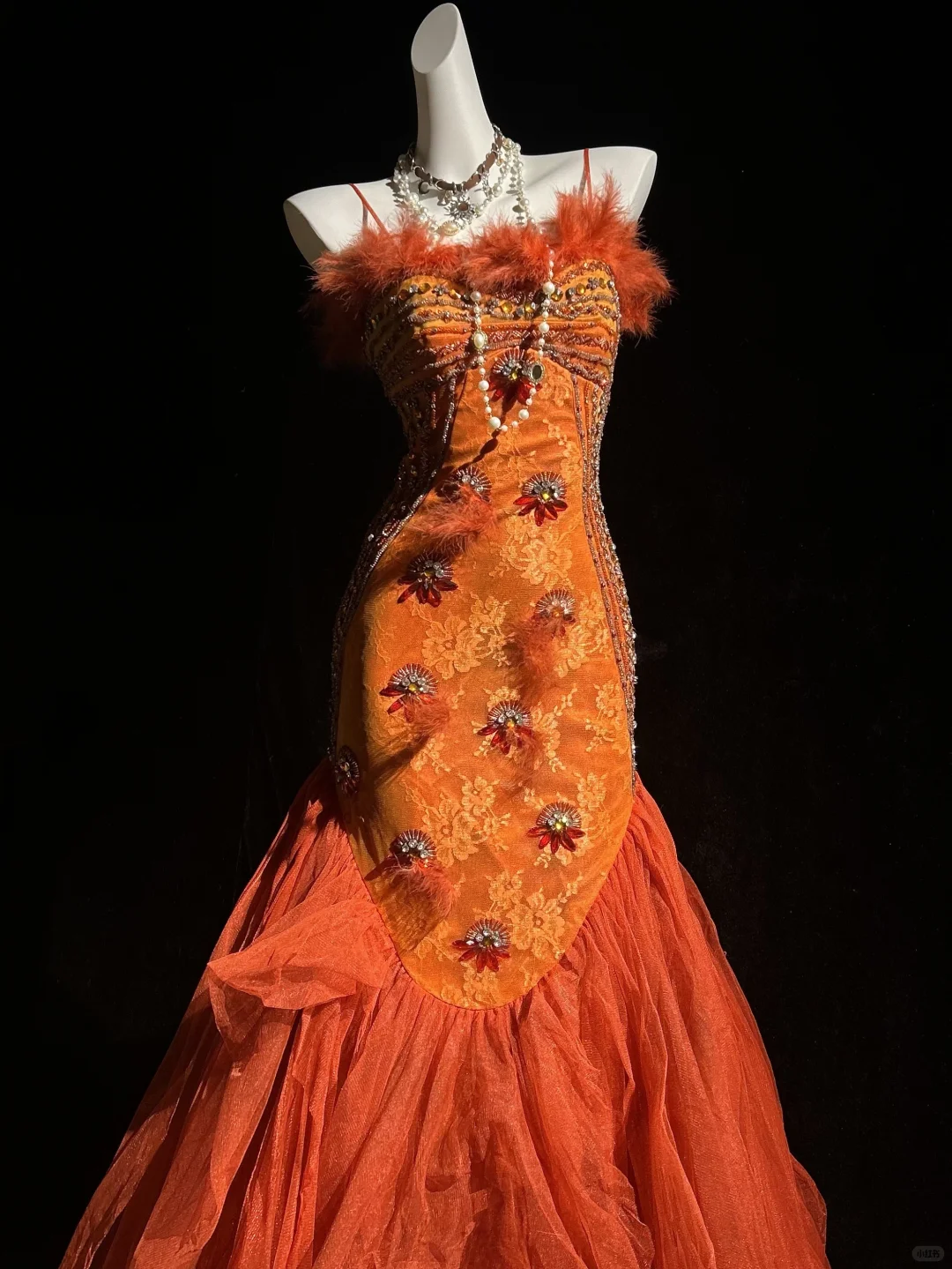 ✨Girlhomeshops-Orange Spaghetti Strap Mermaid Gown Feather 3D Beaded Floral gh10139