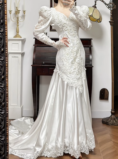 Ivory Vintage Satin Wedding Gown, V‑Neck Puff Long Sleeves, All‑Over Lace Appliqués Fitted Mermaid Silhouette, Lace Hem, Long Satin Train, Bridal Prom Dress gh8736