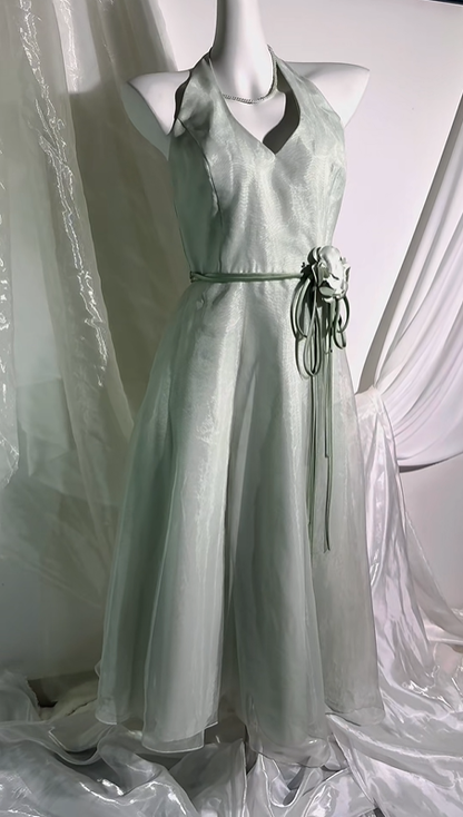 Vintage Elegant Light Green Halter Prom & Evening Party Dress, Fitted Waist Slimming Silhouette gh8556