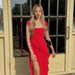 Rotes, quadratisches Hals-Spaghetti-Trägern, lange Chiffon-Rüschen, elegantes, sexy Ballkleid mit Schlitz, Abendkleid für Hochzeitsgäste, Partykleid gh3323