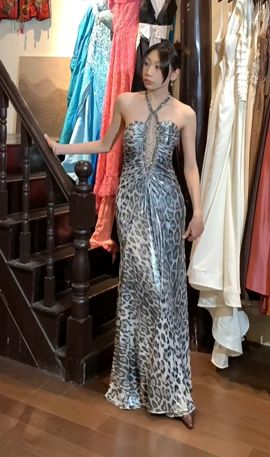 Silver Grey Leopard Beaded Halter Mermaid Long Evening Gown Cutout Prom Dress gh9846