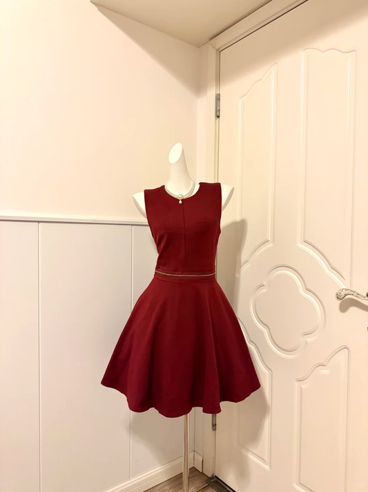 Women Burgundy Homecoming Dress, Sleeveless Simple Round Neck, Fitted Bodice With Delicate Thin Chain Waist Trim, High Waist Flared A-Line Mini Skirt For Cocktail Evening Party gh9258