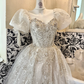 Ivory Puff Sleeve Square Neck Beaded Cinched Waist Voluminous Skirt Long Romantic Dress, Wedding Gown gh7783