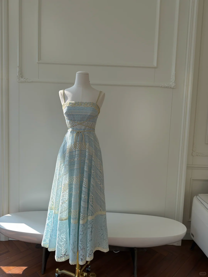 Light Lake Blue Spaghetti Strap Vintage Gown, Square Neck Lace Trim, Glitter Cut‑Out Mixed Lace Fabric, Gold Ribbon Crisscross Tie Waist, A‑Line Midi Full Skirt, Party Prom Dress gh8919