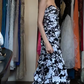Strapless Sweetheart Black White Floral Printed Ruched Mermaid Long Evening Prom Dress gh9796