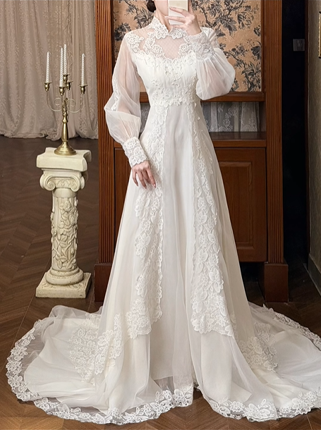 Ivory Vintage Organza Wedding Gown, Sheer Lace High Neck Over Sweetheart Neck, Puff Long Sleeves With Lace Cuffs, Lace Appliqué Waist, A‑Line Long Train With Lace Hem, Prom Dress gh8644