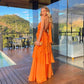 Orange Hosenträger Mode elegante rückenfreie lange Chiffon Rüschen Ballkleid Abendkleid Hochzeitsgast Partykleid gh3097