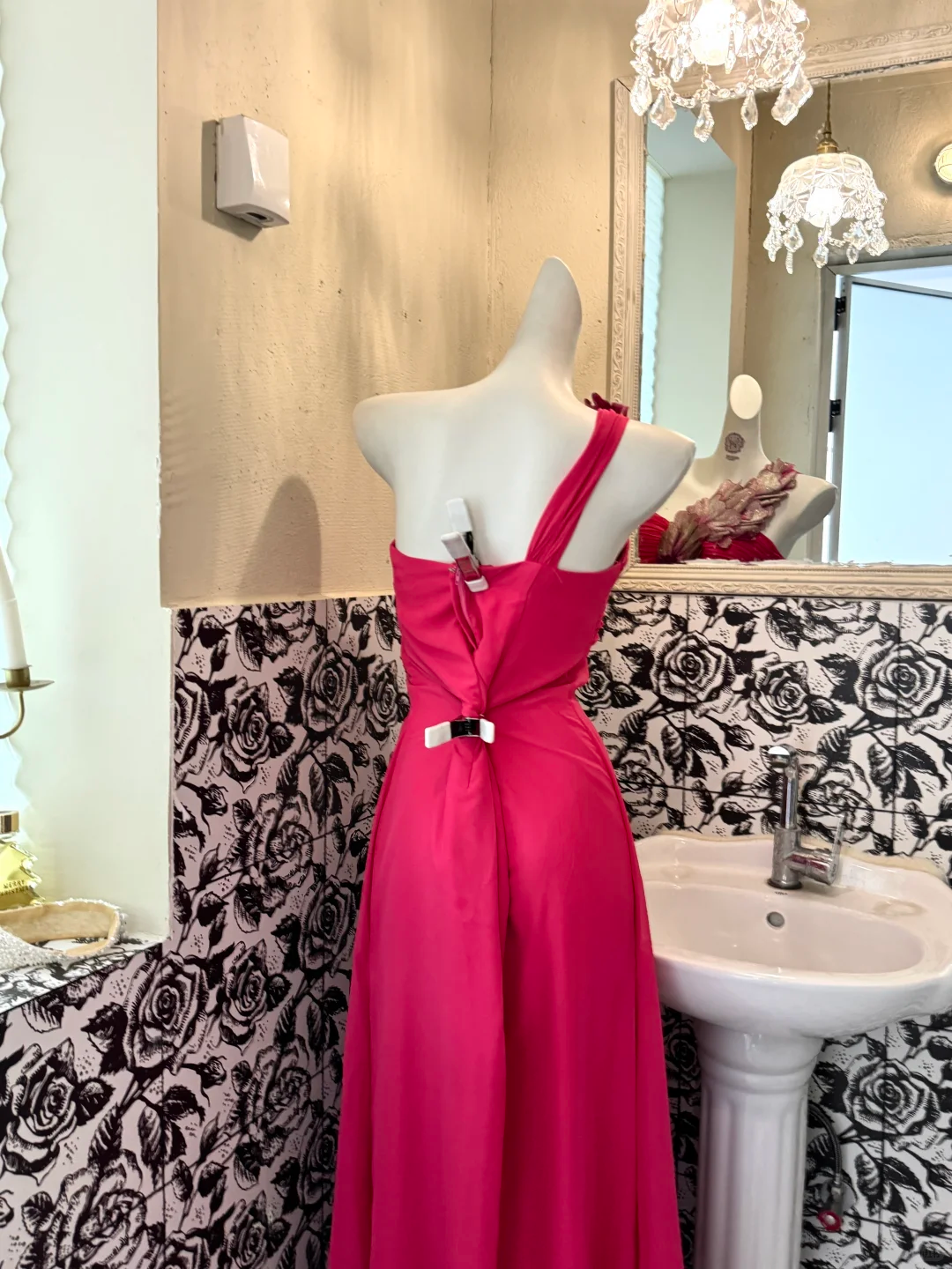 Magenta One-Shoulder Waist-Cinched Sexy Elegant Romantic Dress, Wedding Gown gh7586