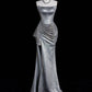 Silbernes, wunderschönes, schimmerndes, schmal geschnittenes, langes Satin-Ballkleid, Abendkleid, Partykleid, gh4967