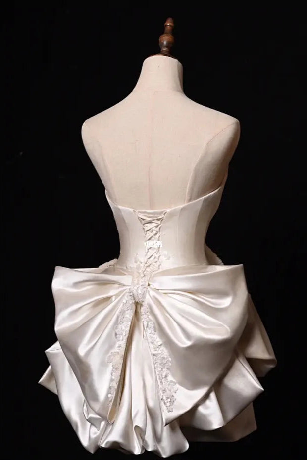 ✨Girlhomeshops🔥Ivory Beaded Elegant Short Satin Homecoming Dress PromDress Party Dress gh4982