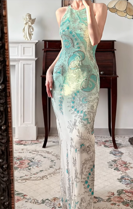 Mint‑Green‑White Ombré Vintage Halter Prom Gown, All‑Over Hand‑Beaded Embroidery, Geometric & Floral Motifs, Fitted Bodycon Mermaid Silhouette, Side High Slit, Evening Prom Dress gh8817