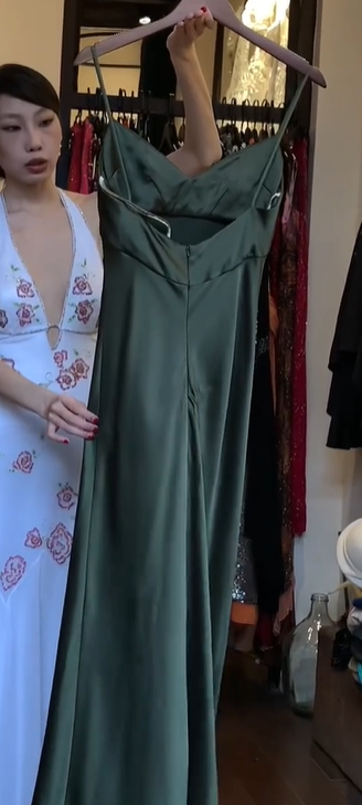 Olive Green Spaghetti Strap Cowl Neck Satin High Waist Long Evening Prom Dress gh9780
