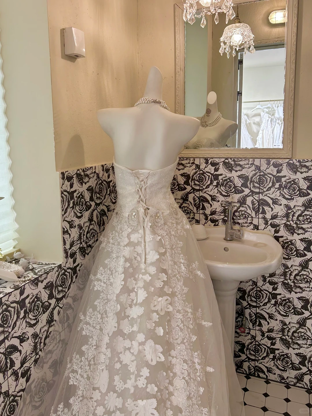 Ivory Strapless Rhinestone Cinched Waist Lace Skirt Long Romantic Dress, Wedding Gown gh7821