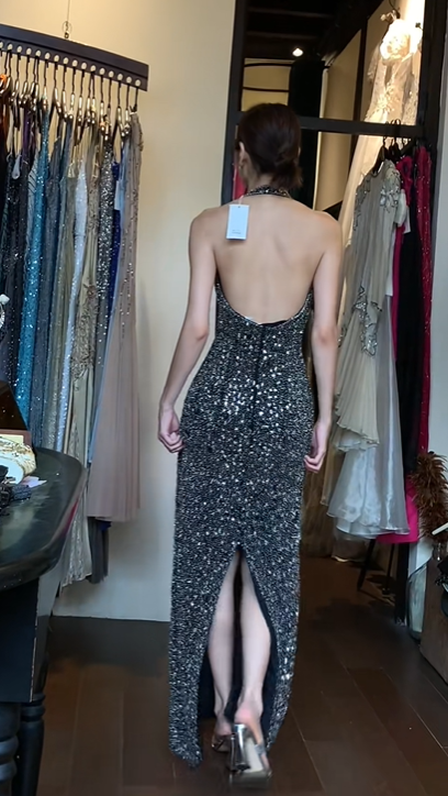 Halter Black Silver Evening Gown Full Hand Beaded Sequin Fitted Column Long Prom Dress gh9711