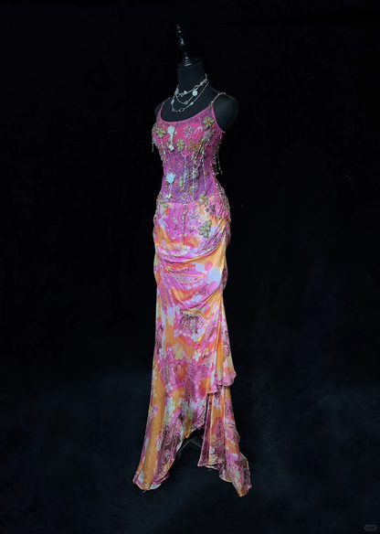 Spaghetti Straps Mermaid Prom Dress Pink Orange Gradient Paisley Floral Print Hand Beaded Formal Gown gh9550