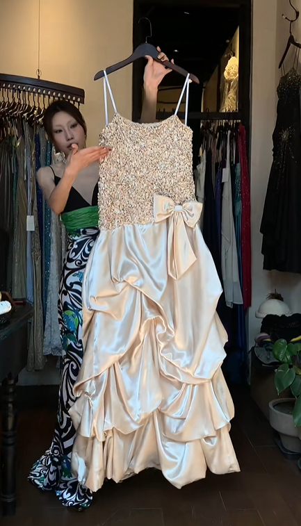 Champagne Spaghetti Straps Fully Sequin Beaded Satin Tiered Ruffle Long Evening Prom Dress with Bow gh9759
