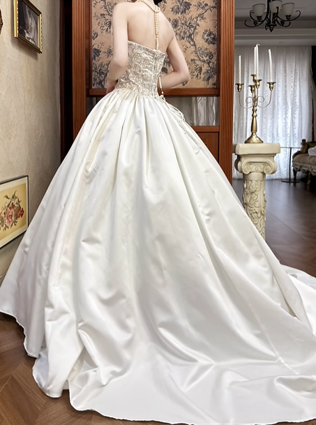Ivory Vintage Satin Ball Gown Wedding Prom Dress, Strapless 3D Floral Trim, Beaded Embroidered Bodice, A‑Line Long Train gh8694
