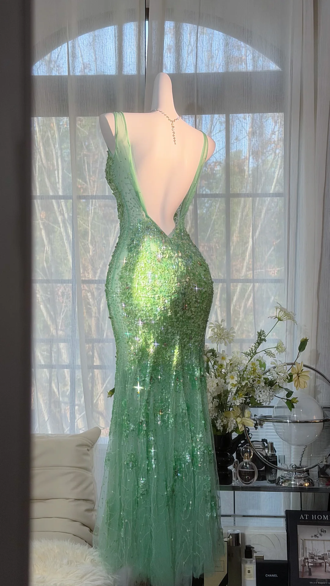 Mint Green V-Neck Sleeveless Fully Sequined Beaded Mermaid Evening Dress, Prom Gown gh9525
