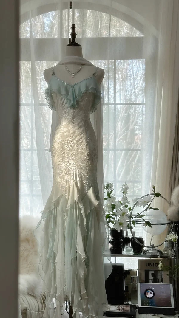 Green white gorgeous beautiful charming spaghetti straps beaded ruffles mermaid long slim lace tulle ball gown fashion evening dress party dress prom dress gh3617a