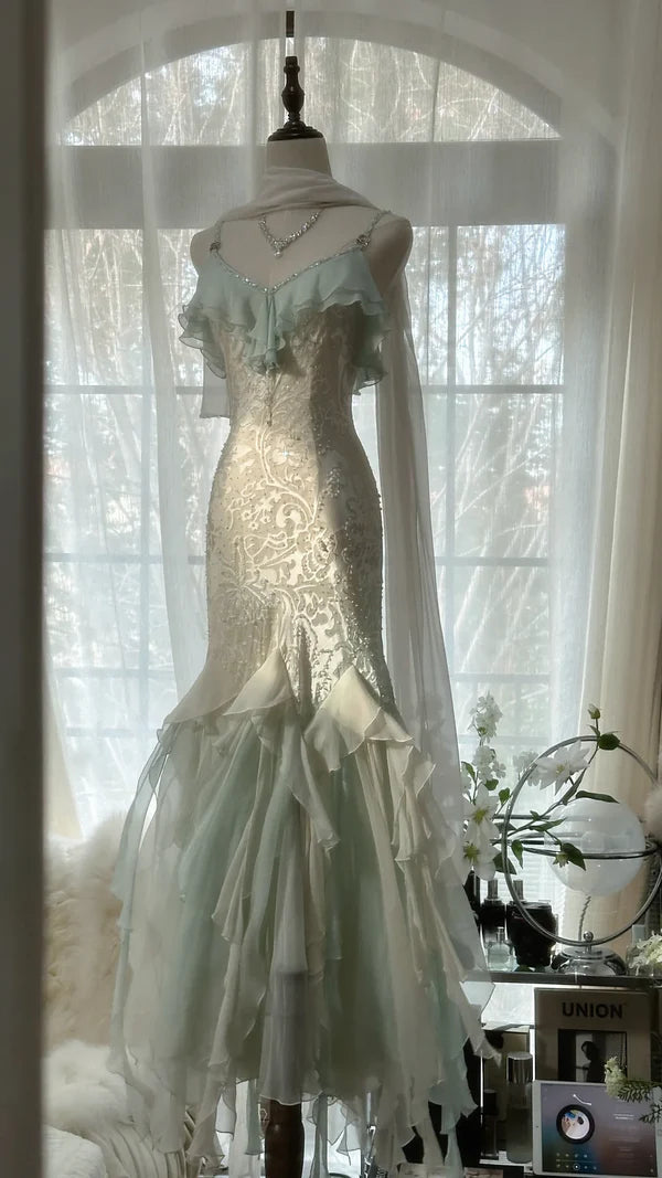 Green white gorgeous beautiful charming spaghetti straps beaded ruffles mermaid long slim lace tulle ball gown fashion evening dress party dress prom dress gh3617a