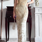 Champagne‑Gold Vintage Halter Sleeveless Prom Gown, All‑Over Heavy‑Duty Gold Floral Beaded Embroidery, Fitted Bodycon Column Maxi Dress, High Side Slit, Tulle Base Fabric, Evening Gala Dress gh8824