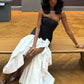 Robe sirène sans manches à contraste noir et blanc | Robe longue asymétrique élégante et luxueuse à volants pour bal de gala gh6478