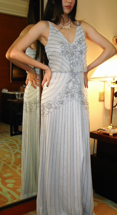 Light Grey Blue Spaghetti Strap Vintage Beaded Long Elegant Prom Gown, Evening Party Dress gh8369