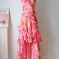 Pink Floral One Shoulder Waist-Cinched Fitted Ruffle Hem Evening Dress, Fairy Gown, Romantic Gown gh7449