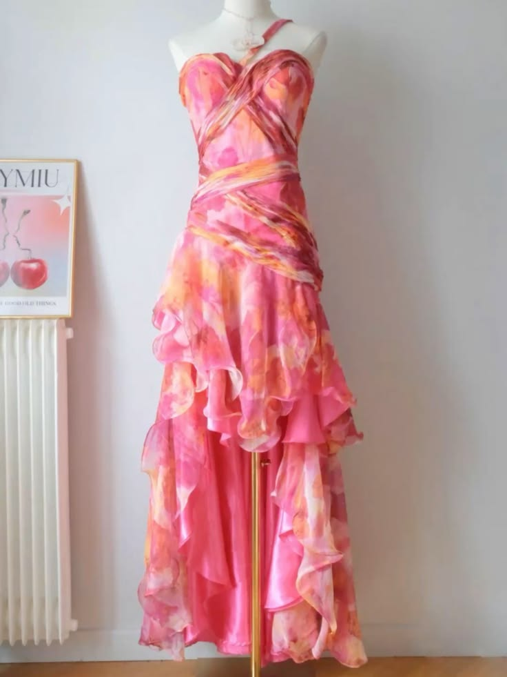 Pink Floral One Shoulder Waist-Cinched Fitted Ruffle Hem Evening Dress, Fairy Gown, Romantic Gown gh7449