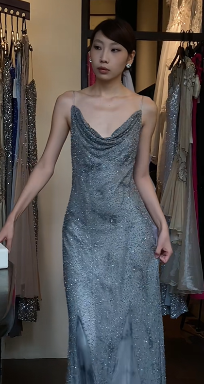Dusty Blue Spaghetti Straps Cowl Neck Evening Gown Full Beaded Sequin Mermaid Long Prom Dress gh9717