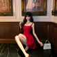 Women Glam Red Wide Strap Homecoming Dress Rhinestone Neck Cutout Back A-Line Flare Short Party Gown gh9436