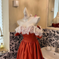 Orange Lace Neckline Off-the-Shoulder Waist-Cinched Full Flared Vintage Romantic Dress, Wedding Gown gh7581