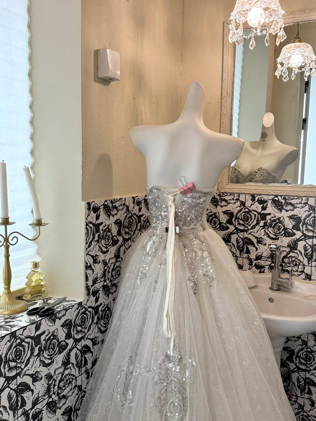 Ivory Gown With Silver Decorations, Waist-Cinched Full Flared Skirt Romantic Dress, Wedding Gown gh7654