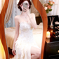 Cream Spaghetti Straps Evening Gown, 3D Rose Lace Appliques Ruched High‑Slit Ruffled Maxi Prom Dress gh9133