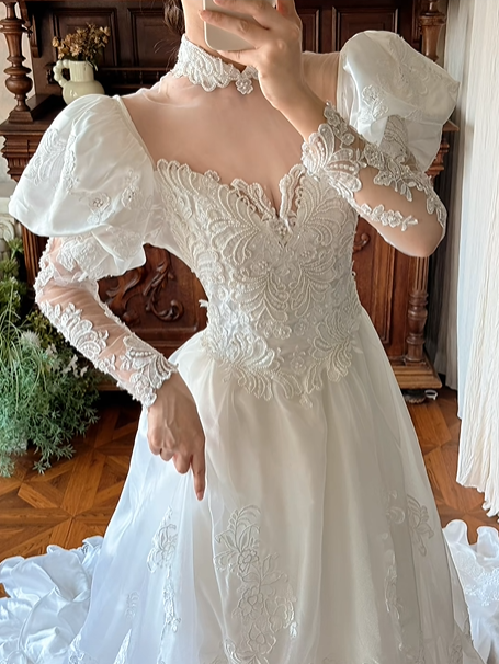 White Vintage Victorian Detachable High Neck Bubble Short Sleeve V Off‑the‑Shoulder Lace Long Sleeve Fitted Waist Tulle Lace Applique Train Long Prom Gown, Wedding Dress gh8619