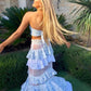 Blue floral lace ruffle long two piece suit evening gown party dress gh3011