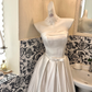 White Satin Strapless Waist-Cinched Full Flared Long Romantic Dress, Wedding Gown gh7686