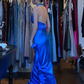Halter Royal Blue Satin Evening Gown Deep V Ruched Side Ruffle Slit Long Prom Dress gh9707