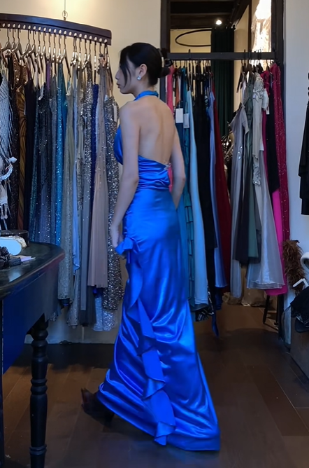 Halter Royal Blue Satin Evening Gown Deep V Ruched Side Ruffle Slit Long Prom Dress gh9707