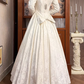 Cream Vintage Jacquard Satin Wedding Gown, V‑Neck Off‑The‑Shoulder Long Sleeves, Embroidered Appliqué Bodice, Pointed Waist, Voluminous Full Skirt, Prom Dress gh8639