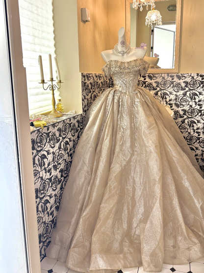 Champagne Off-the-Shoulder Waist-Cinched Gown with Silver Decorations, Voluminous Skirt Long Romantic Dress, Wedding Gown gh7760