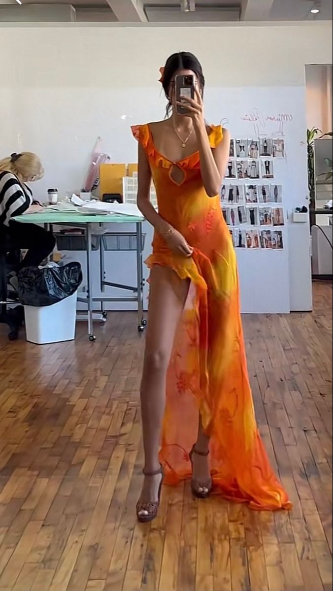 Orange Fashion Gradient Spaghetti Strap Lange Rüschen Elegante Chiffon Ballkleid prom kleid Abendkleid Urlaub Party Kleid gh3319