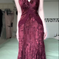 Burgundy Halter V‑Neck Long Evening Gown, Burnout Floral Velvet High‑Low Mermaid Formal Prom Dress gh9047