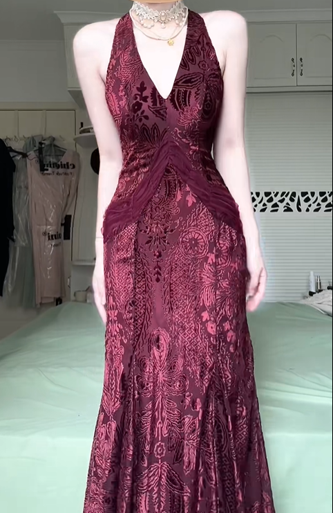 Burgundy Halter V‑Neck Long Evening Gown, Burnout Floral Velvet High‑Low Mermaid Formal Prom Dress gh9047