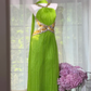 Lime Green Pleated Halter Long Prom Dress, Heavy Gold & Silver Rhinestone Cutout Waist Evening Gown, Sparkly Chiffon Formal Party Dress gh9494