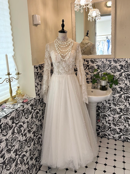 Ivory Long Sleeve Lace Waist-Cinched Full Flared Skirt Romantic Dress, Wedding Gown gh7662