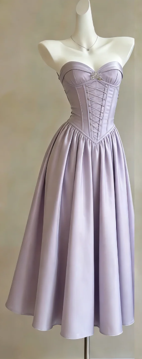 Strapless Sweetheart Lavender Satin Formal Gown Corset Lace Up A-Line Midi Skirt Homecoming Dress gh9478