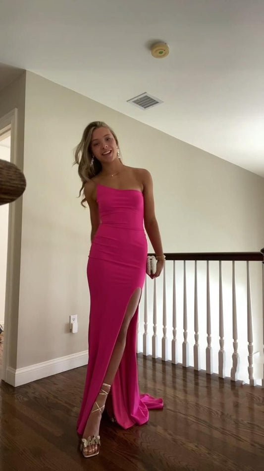 Robe de soirée longue fendue en satin rose à une épaule et à la mode gh3083