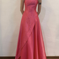 ✨Girlhomeshops-Fuchsia Halter Rhinestone Trim Draped A Line Formal Prom Gown gh10254