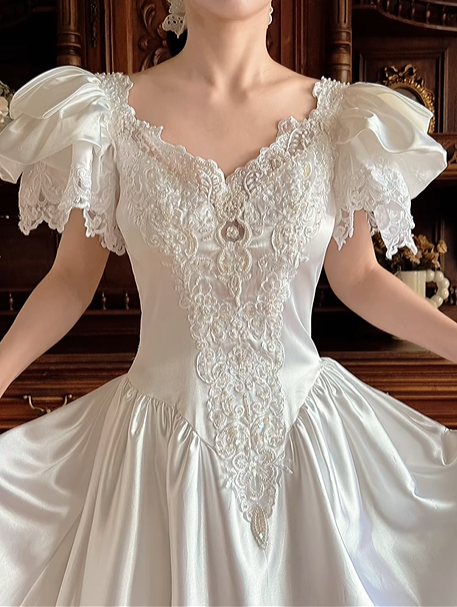 White Satin Vintage V‑Neck Ruffle Puff Short Sleeve Lace Applique Fitted Waist Tiered Ruffle Skirt Prom Gown, Wedding Dress gh8610